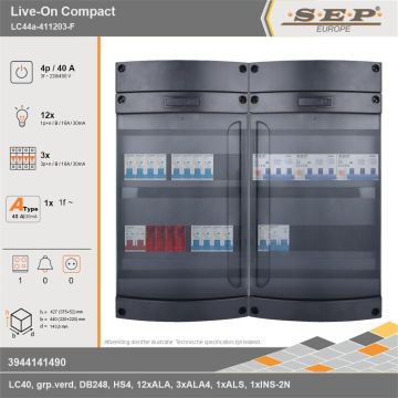 SEP Europe - Live-On Compact, LC44a-411203-F, 40A, 3-fase groepenkast, 12-lichtgroepen, 3-krachtgroepen, 1-fornuisgroep, technische gegevens