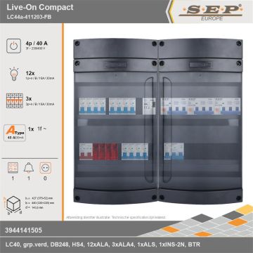 SEP Europe - Live-On Compact, LC44a-411203-FB, 40A, 3-fase groepenkast, 12-lichtgroepen, 3-krachtgroepen, 1-fornuisgroep, 1-beltrafo, technische gegevens