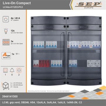 SEP Europe - Live-On Compact, LC44a-411203-FC2, 40A, 3-fase groepenkast, 12-lichtgroepen, 3-krachtgroepen, 1-fornuisgroep,  2V-contactdoos, technische gegevens
