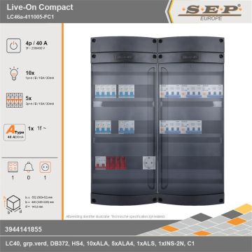 SEP Europe - Live-On Compact, LC46a-411005-FC1, 40A, 3-fase groepenkast, 10-lichtgroepen, 5-krachtgroepen, 1-fornuisgroep,  1V-contactdoos, technische gegevens