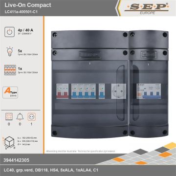 SEP Europe - Live-On Compact, LC411a-400501-C1, 40A, 3-fase groepenkast, 5-lichtgroepen, 1-krachtgroepen,  1V-contactdoos, technische gegevens