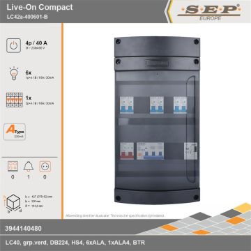 SEP Europe - Live-On Compact, LC42a-400601-B, 40A, 3-fase groepenkast, 6-lichtgroepen, 1-krachtgroepen, 1-beltrafo, technische gegevens