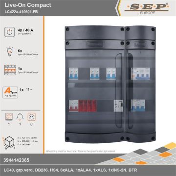 SEP Europe - Live-On Compact, LC422a-410601-FB, 40A, 3-fase groepenkast, 6-lichtgroepen, 1-krachtgroepen, 1-fornuisgroep, 1-beltrafo, technische gegevens