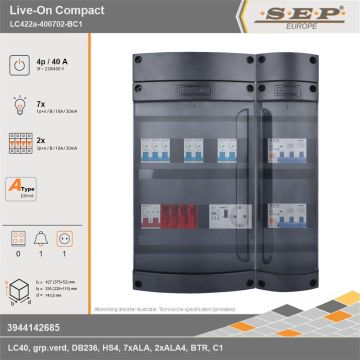 SEP Europe - Live-On Compact, LC422a-400702-BC1, 40A, 3-fase groepenkast, 7-lichtgroepen, 2-krachtgroepen, 1-beltrafo,  1V-contactdoos, technische gegevens