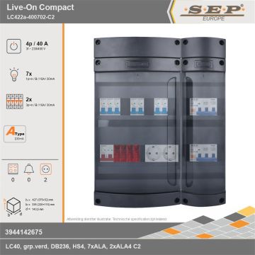 SEP Europe - Live-On Compact, LC422a-400702-C2, 40A, 3-fase groepenkast, 7-lichtgroepen, 2-krachtgroepen,  2V-contactdoos, technische gegevens