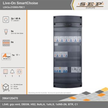SEP Europe - Live-On SmartChoise, LS43a-210900-FBC1, 40A, 1-fase groepenkast, 9-lichtgroepen, 1-fornuisgroep, 1-beltrafo,  1V-contactdoos, technische gegevens