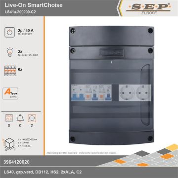 SEP Europe - Live-On SmartChoise, LS41a-200200-C2, 40A, 1-fase groepenkast, 2-lichtgroepen,  2V-contactdoos, technische gegevens