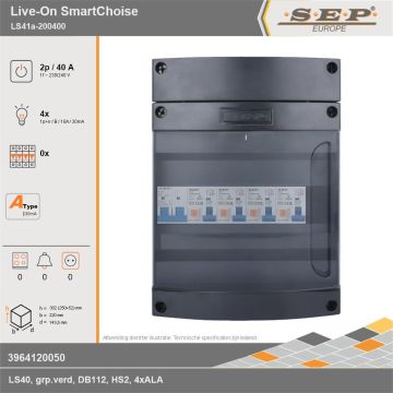 SEP Europe - Live-On SmartChoise, LS41a-200400, 40A, 1-fase groepenkast, 4-lichtgroepen, technische gegevens