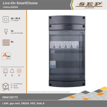 SEP Europe - Live-On SmartChoise, LS42a-200500, 40A, 1-fase groepenkast, 5-lichtgroepen, technische gegevens