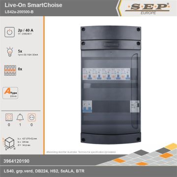 SEP Europe - Live-On SmartChoise, LS42a-200500-B, 40A, 1-fase groepenkast, 5-lichtgroepen, 1-beltrafo, technische gegevens