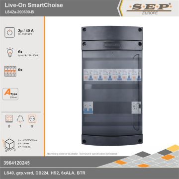 SEP Europe - Live-On SmartChoise, LS42a-200600-B, 40A, 1-fase groepenkast, 6-lichtgroepen, 1-beltrafo, technische gegevens