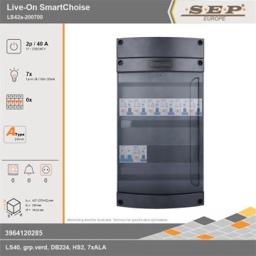 SEP Europe - Live-On SmartChoise, LS42a-200700, 40A, 1-fase groepenkast, 7-lichtgroepen, technische gegevens