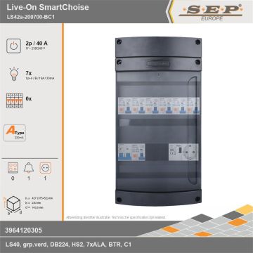 SEP Europe - Live-On SmartChoise, LS42a-200700-BC1, 40A, 1-fase groepenkast, 7-lichtgroepen, 1-beltrafo,  1V-contactdoos, technische gegevens