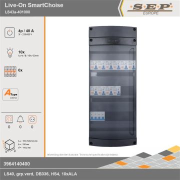 SEP Europe - Live-On SmartChoise, LS43a-401000, 40A, 3-fase groepenkast, 10-lichtgroepen, technische gegevens