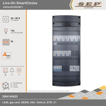 SEP Europe - Live-On SmartChoise, LS43a-401000-BC1, 40A, 3-fase groepenkast, 10-lichtgroepen, 1-beltrafo,  1V-contactdoos, technische gegevens
