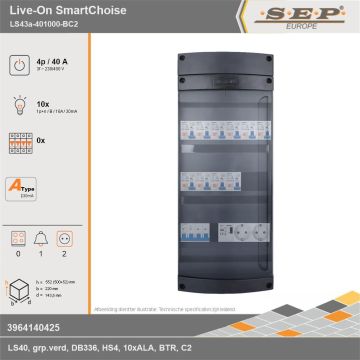SEP Europe - Live-On SmartChoise, LS43a-401000-BC2, 40A, 3-fase groepenkast, 10-lichtgroepen, 1-beltrafo,  2V-contactdoos, technische gegevens