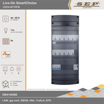 SEP Europe - Live-On SmartChoise, LS43a-401100-B, 40A, 3-fase groepenkast, 11-lichtgroepen, 1-beltrafo, technische gegevens