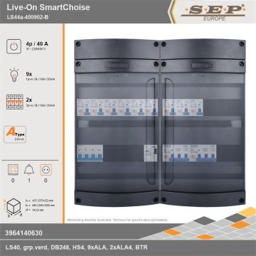 SEP Europe - Live-On SmartChoise, LS44a-400902-B, 40A, 3-fase groepenkast, 9-lichtgroepen, 2-krachtgroepen, 1-beltrafo, technische gegevens