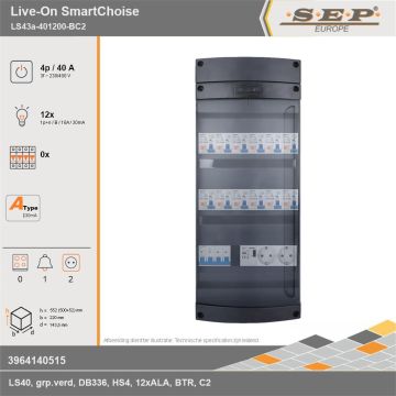 SEP Europe - Live-On SmartChoise, LS43a-401200-BC2, 40A, 3-fase groepenkast, 12-lichtgroepen, 1-beltrafo,  2V-contactdoos, technische gegevens