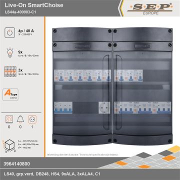 SEP Europe - Live-On SmartChoise, LS44a-400903-C1, 40A, 3-fase groepenkast, 9-lichtgroepen, 3-krachtgroepen,  1V-contactdoos, technische gegevens