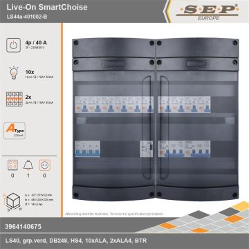 SEP Europe - Live-On SmartChoise, LS44a-401002-B, 40A, 3-fase groepenkast, 10-lichtgroepen, 2-krachtgroepen, 1-beltrafo, technische gegevens