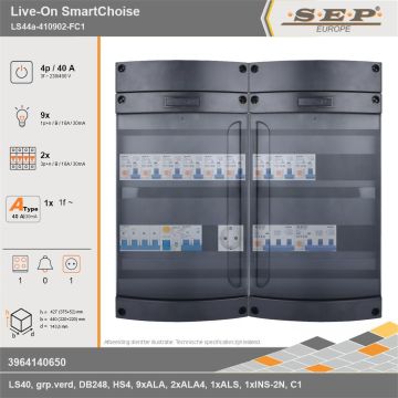 SEP Europe - Live-On SmartChoise, LS44a-410902-FC1, 40A, 3-fase groepenkast, 9-lichtgroepen, 2-krachtgroepen, 1-fornuisgroep,  1V-contactdoos, technische gegevens