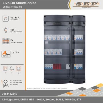 SEP Europe - Live-On SmartChoise, LS433a-411002-FB, 40A, 3-fase groepenkast, 10-lichtgroepen, 2-krachtgroepen, 1-fornuisgroep, 1-beltrafo, technische gegevens