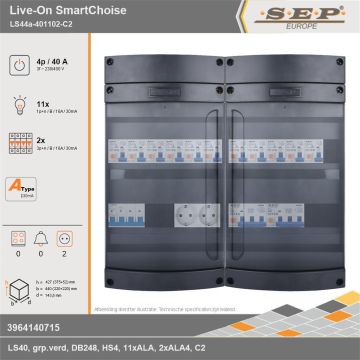SEP Europe - Live-On SmartChoise, LS44a-401102-C2, 40A, 3-fase groepenkast, 11-lichtgroepen, 2-krachtgroepen,  2V-contactdoos, technische gegevens