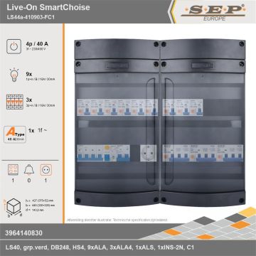 SEP Europe - Live-On SmartChoise, LS44a-410903-FC1, 40A, 3-fase groepenkast, 9-lichtgroepen, 3-krachtgroepen, 1-fornuisgroep,  1V-contactdoos, technische gegevens