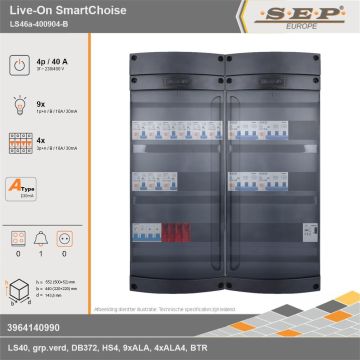 SEP Europe - Live-On SmartChoise, LS46a-400904-B, 40A, 3-fase groepenkast, 9-lichtgroepen, 4-krachtgroepen, 1-beltrafo, technische gegevens