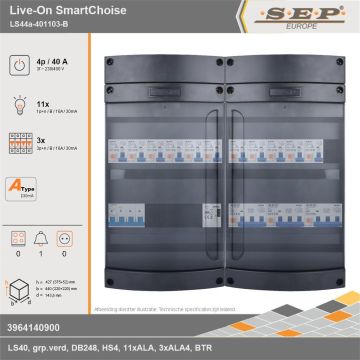 SEP Europe - Live-On SmartChoise, LS44a-401103-B, 40A, 3-fase groepenkast, 11-lichtgroepen, 3-krachtgroepen, 1-beltrafo, technische gegevens