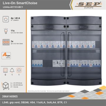 SEP Europe - Live-On SmartChoise, LS44a-401103-BC1, 40A, 3-fase groepenkast, 11-lichtgroepen, 3-krachtgroepen, 1-beltrafo,  1V-contactdoos, technische gegevens