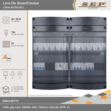 SEP Europe - Live-On SmartChoise, LS44a-401202-BC1, 40A, 3-fase groepenkast, 12-lichtgroepen, 2-krachtgroepen, 1-beltrafo,  1V-contactdoos, technische gegevens