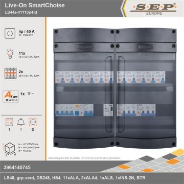 SEP Europe - Live-On SmartChoise, LS44a-411102-FB, 40A, 3-fase groepenkast, 11-lichtgroepen, 2-krachtgroepen, 1-fornuisgroep, 1-beltrafo, technische gegevens