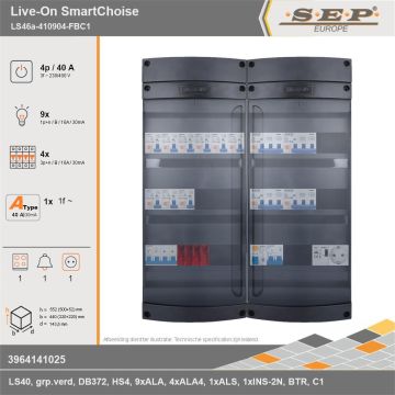 SEP Europe - Live-On SmartChoise, LS46a-410904-FBC1, 40A, 3-fase groepenkast, 9-lichtgroepen, 4-krachtgroepen, 1-fornuisgroep, 1-beltrafo,  1V-contactdoos, technische gegevens