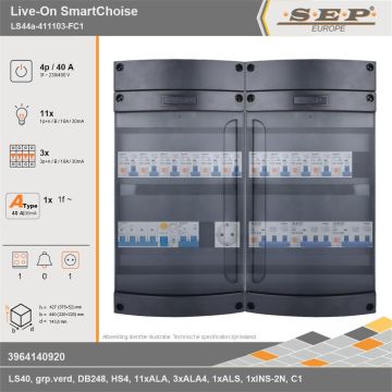SEP Europe - Live-On SmartChoise, LS44a-411103-FC1, 40A, 3-fase groepenkast, 11-lichtgroepen, 3-krachtgroepen, 1-fornuisgroep,  1V-contactdoos, technische gegevens