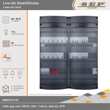 SEP Europe - Live-On SmartChoise, LS46a-401104-B, 40A, 3-fase groepenkast, 11-lichtgroepen, 4-krachtgroepen, 1-beltrafo, technische gegevens