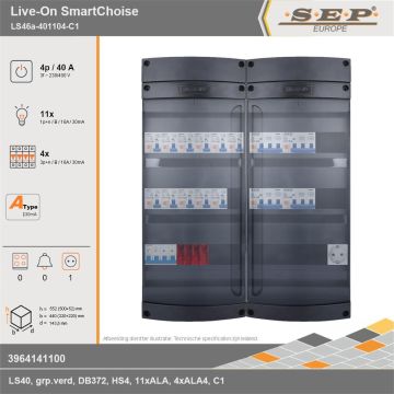SEP Europe - Live-On SmartChoise, LS46a-401104-C1, 40A, 3-fase groepenkast, 11-lichtgroepen, 4-krachtgroepen,  1V-contactdoos, technische gegevens