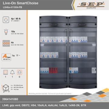 SEP Europe - Live-On SmartChoise, LS46a-411004-FB, 40A, 3-fase groepenkast, 10-lichtgroepen, 4-krachtgroepen, 1-fornuisgroep, 1-beltrafo, technische gegevens