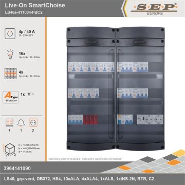 SEP Europe - Live-On SmartChoise, LS46a-411004-FBC2, 40A, 3-fase groepenkast, 10-lichtgroepen, 4-krachtgroepen, 1-fornuisgroep, 1-beltrafo,  2V-contactdoos, technische gegevens