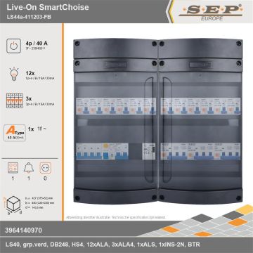 SEP Europe - Live-On SmartChoise, LS44a-411203-FB, 40A, 3-fase groepenkast, 12-lichtgroepen, 3-krachtgroepen, 1-fornuisgroep, 1-beltrafo, technische gegevens