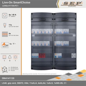 SEP Europe - Live-On SmartChoise, LS46a-411104-FC1, 40A, 3-fase groepenkast, 11-lichtgroepen, 4-krachtgroepen, 1-fornuisgroep,  1V-contactdoos, technische gegevens