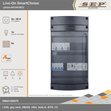 SEP Europe - Live-On SmartChoise, LS42a-400300-BC2, 40A, 3-fase groepenkast, 3-lichtgroepen, 1-beltrafo,  2V-contactdoos, technische gegevens