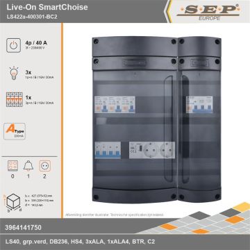 SEP Europe - Live-On SmartChoise, LS422a-400301-BC2, 40A, 3-fase groepenkast, 3-lichtgroepen, 1-krachtgroepen, 1-beltrafo,  2V-contactdoos, technische gegevens