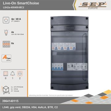 SEP Europe - Live-On SmartChoise, LS42a-400400-BC2, 40A, 3-fase groepenkast, 4-lichtgroepen, 1-beltrafo,  2V-contactdoos, technische gegevens