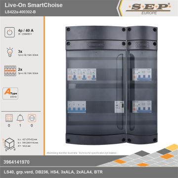 SEP Europe - Live-On SmartChoise, LS422a-400302-B, 40A, 3-fase groepenkast, 3-lichtgroepen, 2-krachtgroepen, 1-beltrafo, technische gegevens