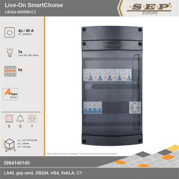 SEP Europe - Live-On SmartChoise, LS42a-400500-C1, 40A, 3-fase groepenkast, 5-lichtgroepen,  1V-contactdoos, technische gegevens