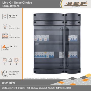 SEP Europe - Live-On SmartChoise, LS422a-410302-FB, 40A, 3-fase groepenkast, 3-lichtgroepen, 2-krachtgroepen, 1-fornuisgroep, 1-beltrafo, technische gegevens