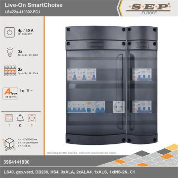 SEP Europe - Live-On SmartChoise, LS422a-410302-FC1, 40A, 3-fase groepenkast, 3-lichtgroepen, 2-krachtgroepen, 1-fornuisgroep,  1V-contactdoos, technische gegevens