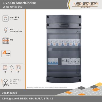 SEP Europe - Live-On SmartChoise, LS42a-400600-BC2, 40A, 3-fase groepenkast, 6-lichtgroepen, 1-beltrafo,  2V-contactdoos, technische gegevens